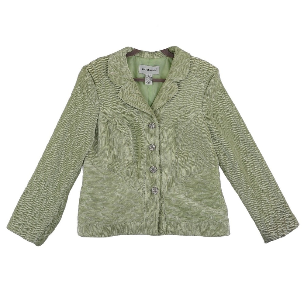 Victor Costa Blazer Womens Size 14 Green Textured Crystal Buttons Jacket Vintage